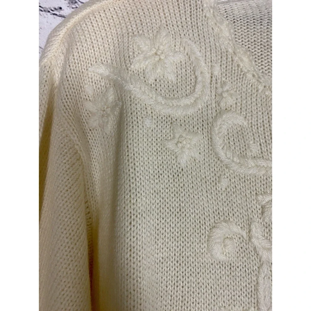 Vtg Wool Karen Scott Hand Embroidered Floral Oversized S Ivory Granny‎ Cardigan